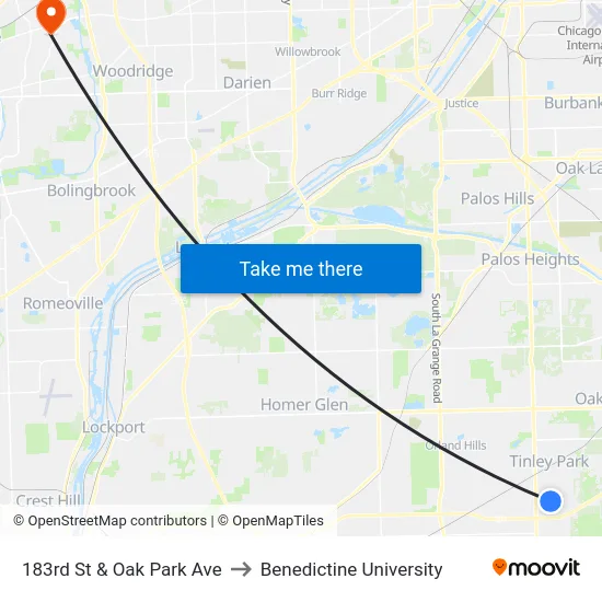 183rd St & Oak Park Ave to Benedictine University map