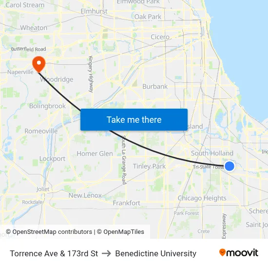 Torrence Ave & 173rd St to Benedictine University map
