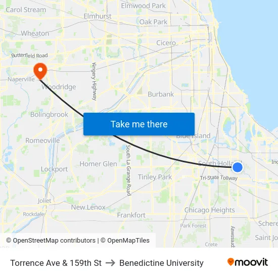 Torrence Ave & 159th St to Benedictine University map