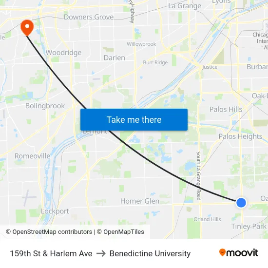 159th St & Harlem Ave to Benedictine University map