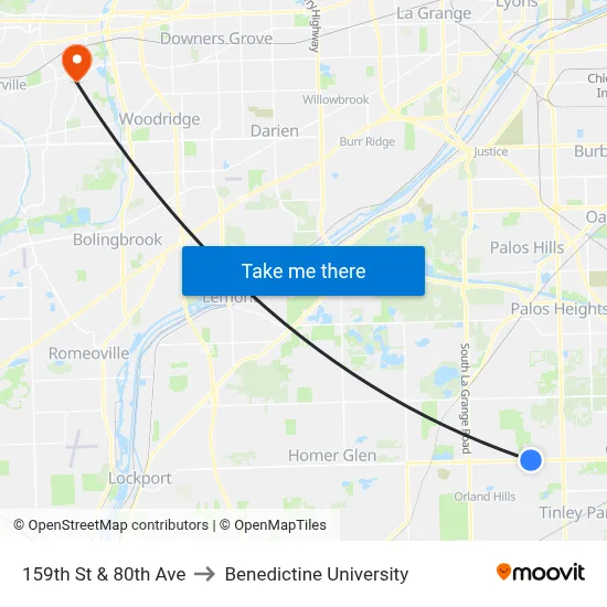 159th St & 80th Ave to Benedictine University map