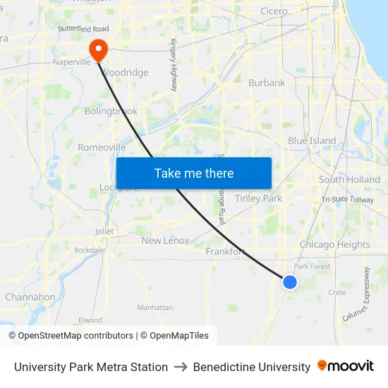University Park Metra Station to Benedictine University map
