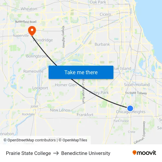 Prairie State College to Benedictine University map