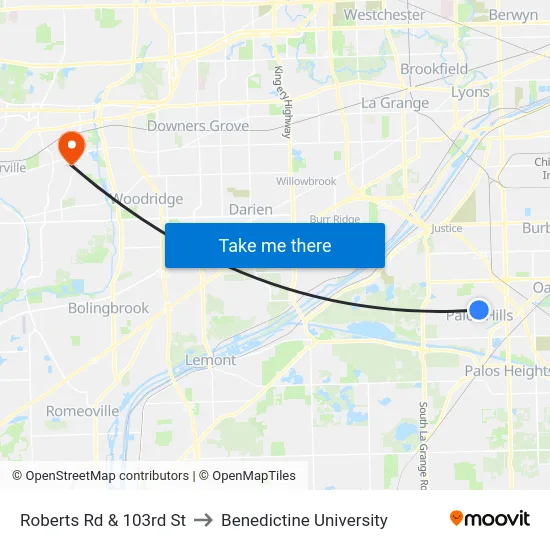 Roberts Rd & 103rd St to Benedictine University map