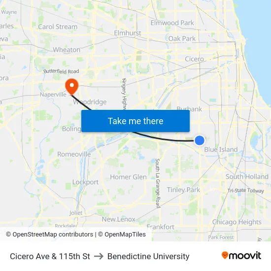Cicero Ave & 115th St to Benedictine University map