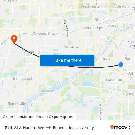 87th St & Harlem Ave to Benedictine University map