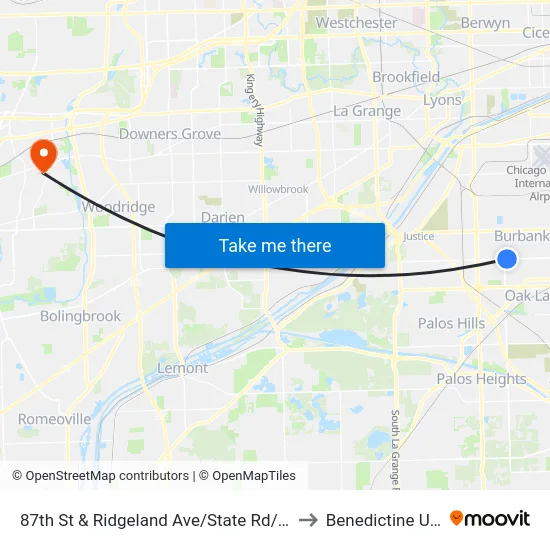 87th St & Ridgeland Ave/State Rd/Narragansett Ave to Benedictine University map