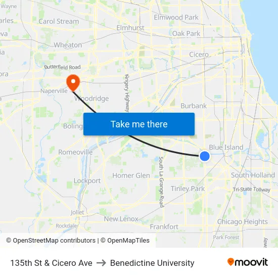 135th St & Cicero Ave to Benedictine University map