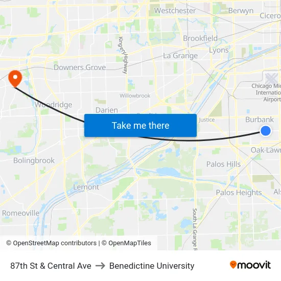 87th St & Central Ave to Benedictine University map