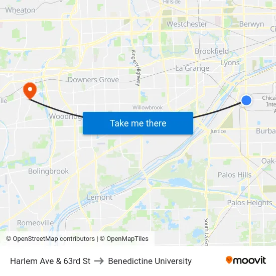Harlem Ave & 63rd St to Benedictine University map