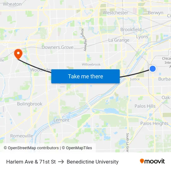 Harlem Ave & 71st St to Benedictine University map