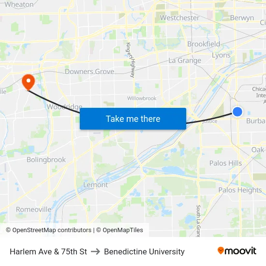 Harlem Ave & 75th St to Benedictine University map