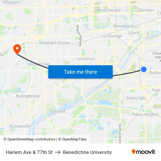 Harlem Ave & 77th St to Benedictine University map