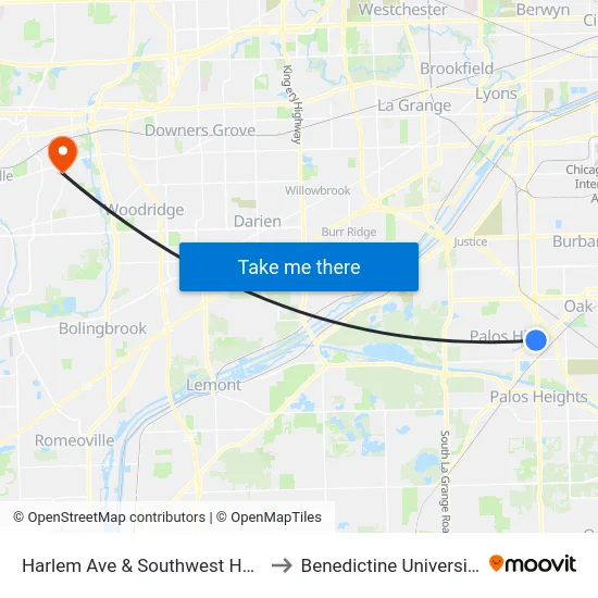 Harlem Ave & Southwest Hwy to Benedictine University map