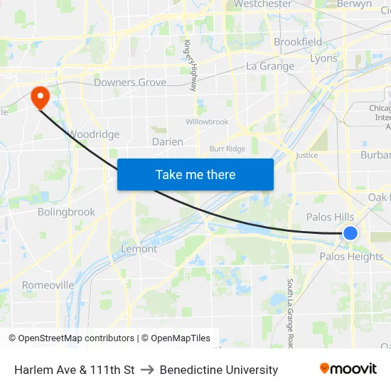Harlem Ave & 111th St to Benedictine University map
