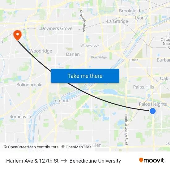 Harlem Ave & 127th St to Benedictine University map
