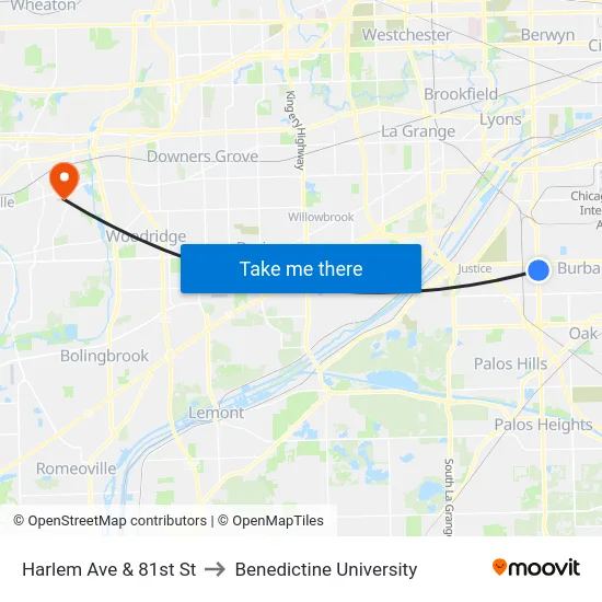 Harlem Ave & 81st St to Benedictine University map