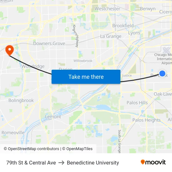 79th St & Central Ave to Benedictine University map