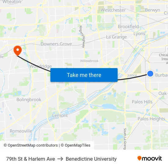 79th St & Harlem Ave to Benedictine University map