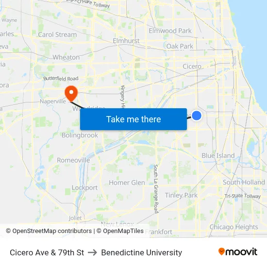 Cicero Ave & 79th St to Benedictine University map
