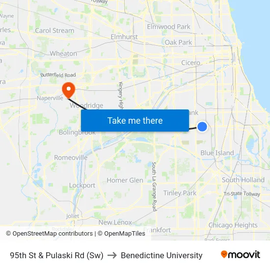 95th St & Pulaski Rd (Sw) to Benedictine University map