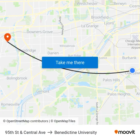 95th St & Central Ave to Benedictine University map