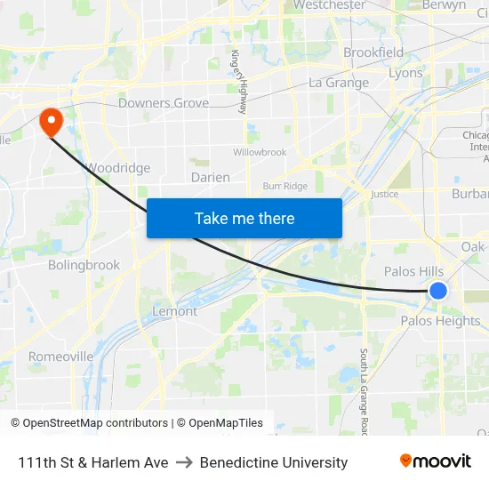 111th St & Harlem Ave to Benedictine University map