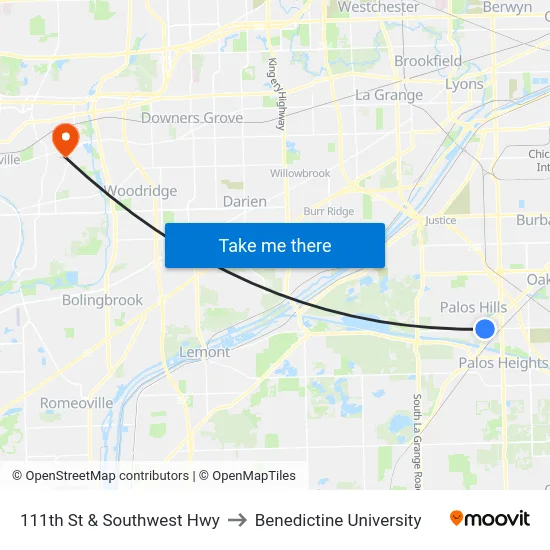 111th St & Southwest Hwy to Benedictine University map