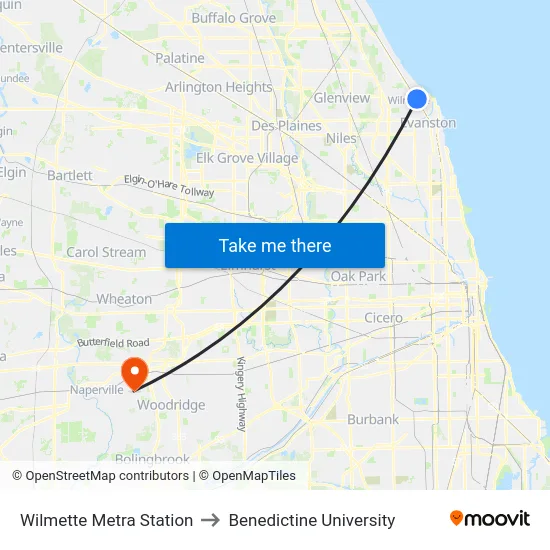 Wilmette Metra Station to Benedictine University map