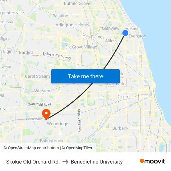 Skokie Old Orchard Rd. to Benedictine University map