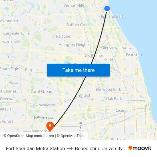 Fort Sheridan Metra Station to Benedictine University map