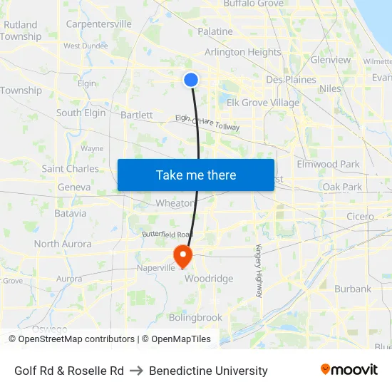 Golf Rd & Roselle Rd to Benedictine University map