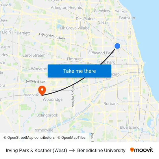 Irving Park & Kostner (West) to Benedictine University map