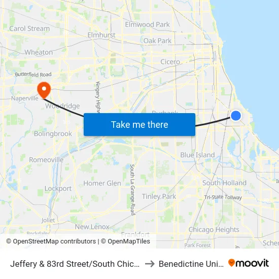 Jeffery & 83rd Street/South Chicago (South) to Benedictine University map