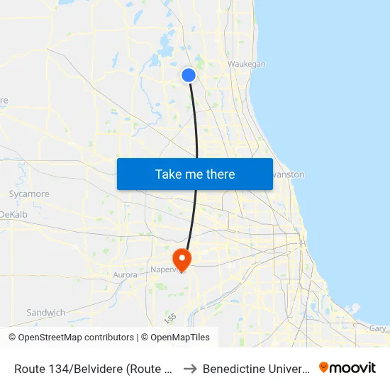 Route 134/Belvidere (Route 120) to Benedictine University map