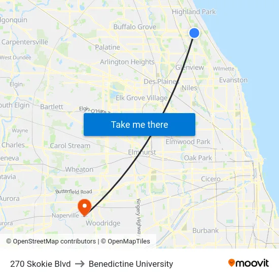 270 Skokie Blvd to Benedictine University map