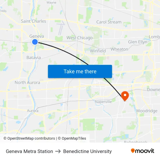 Geneva Metra Station to Benedictine University map