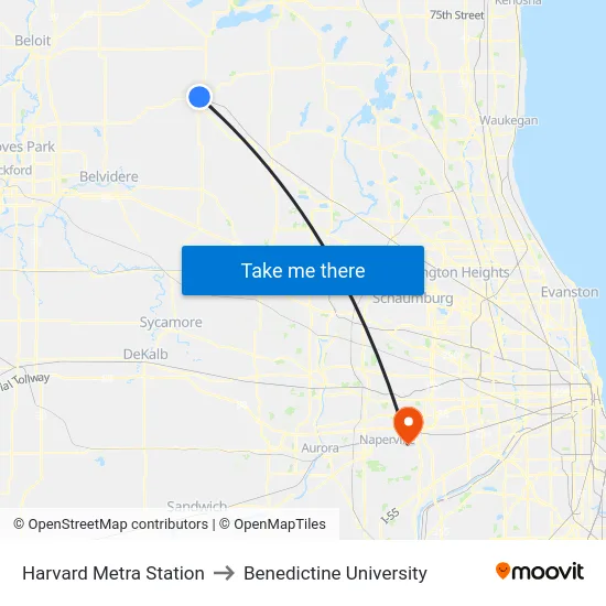 Harvard Metra Station to Benedictine University map