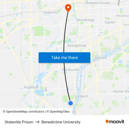 Stateville Prison to Benedictine University map