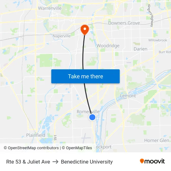 Rte 53 & Juliet Ave to Benedictine University map