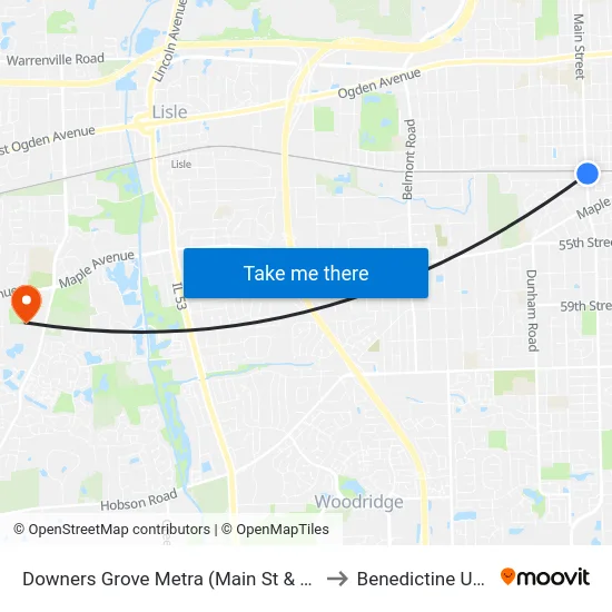 Downers Grove Metra (Main St & Burlington Ave) to Benedictine University map