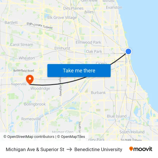 Michigan Ave & Superior St to Benedictine University map