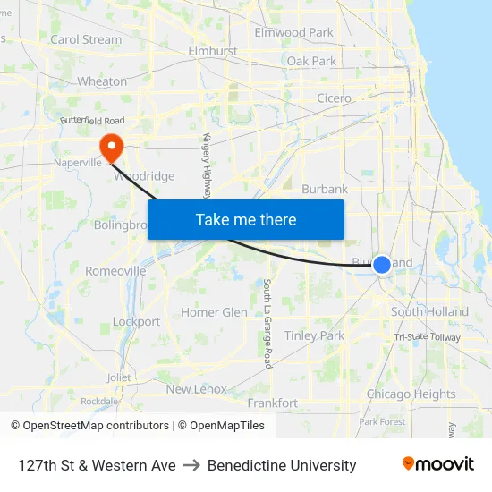 127th St & Western Ave to Benedictine University map