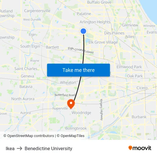 Ikea to Benedictine University map