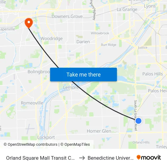 Orland Square Mall Transit Center to Benedictine University map