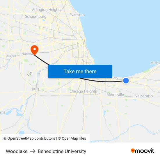 Woodlake to Benedictine University map
