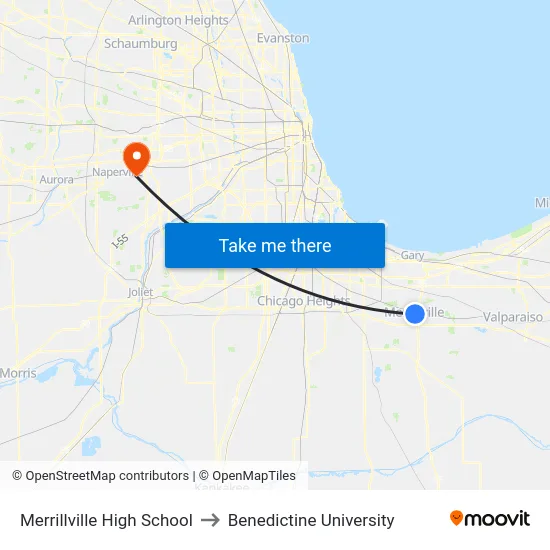 Merrillville High School to Benedictine University map
