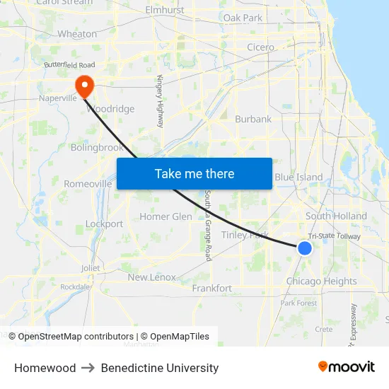 Homewood to Benedictine University map