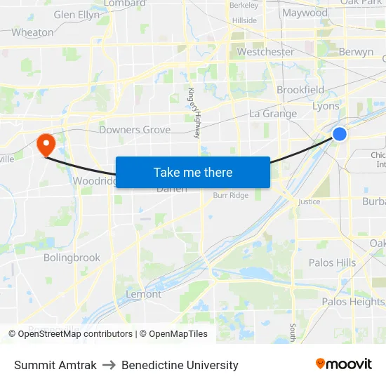 Summit Amtrak to Benedictine University map