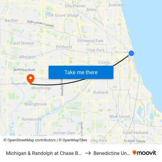 Michigan & Randolph at Chase Bank (Chicago) to Benedictine University map